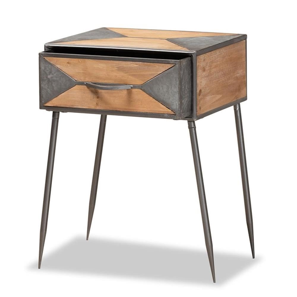 Baxton Studio Laurel Rustic Industrial Antique Grey Finished Metal and Whitewashed Oak Brown Finished Wood 1-Drawer Nightstand